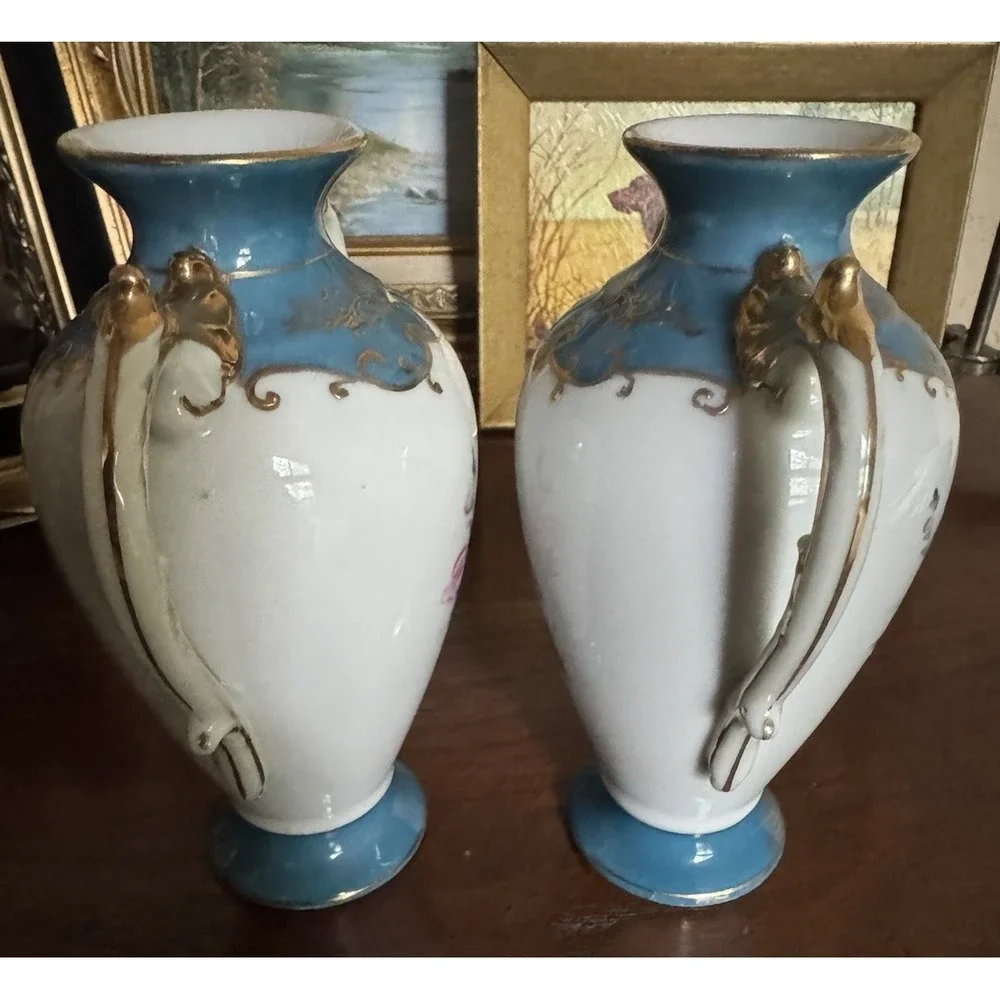 Vintage Japan Porcelain Mantle Vases Pair Hand Painted Blue Gold Gilt Floral 6